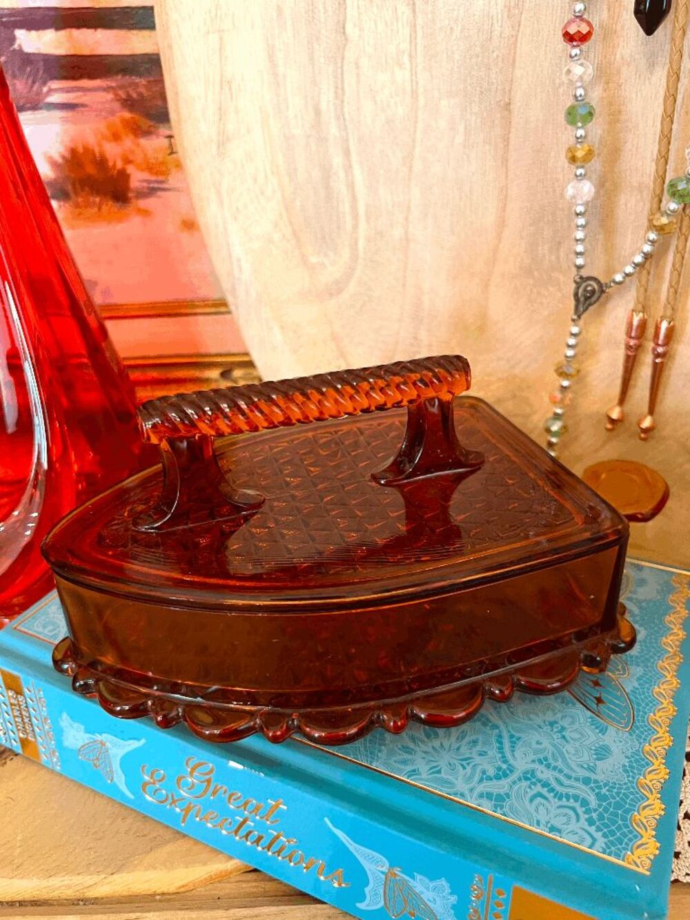 Vintage Imperial Glass Amber Sad Iron Butter Dish – Pressed Glass Covered Dish